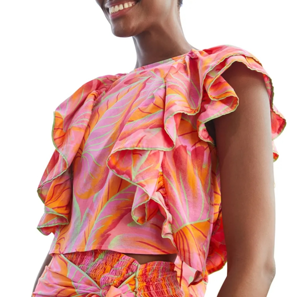 Cynthia Rowley Farm Rio Bright Forest frilled top